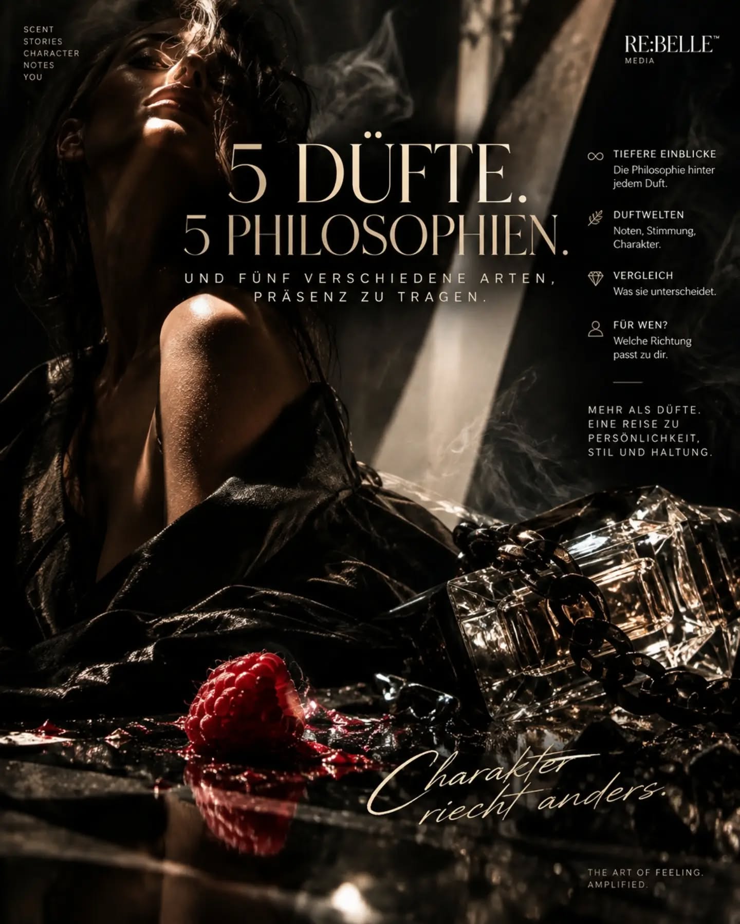 Dunkles Parfum-Editorial mit einer Frau, Flakons und goldener Typografie.