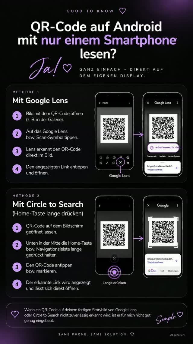 Dunkler QR-Code-Guide mit Smartphone-Abbildungen und violetten Akzenten.
