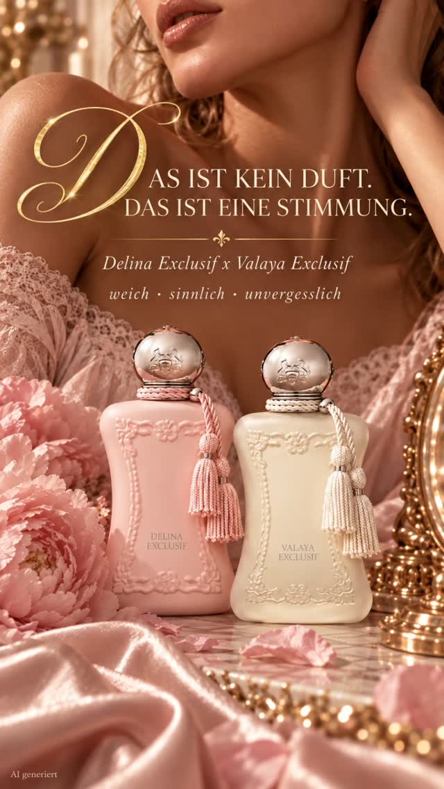 Zwei Parfumflakons vor rosa Blüten und einem Frauenporträt.