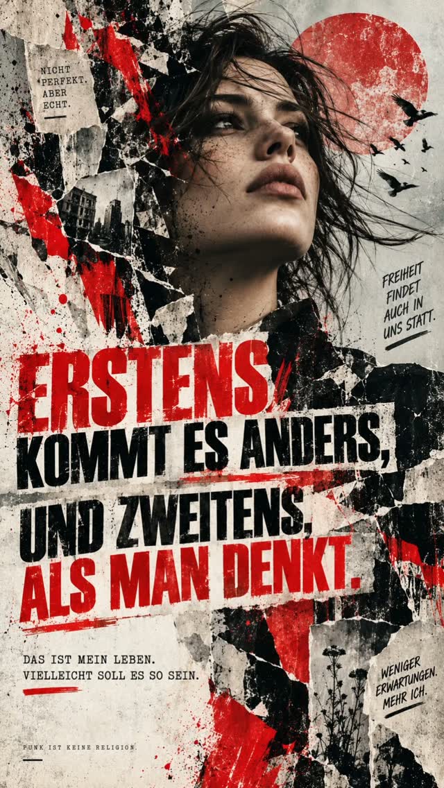 Frauenporträt in einer rot-schwarzen Papiercollage mit großem Statement-Schriftzug.