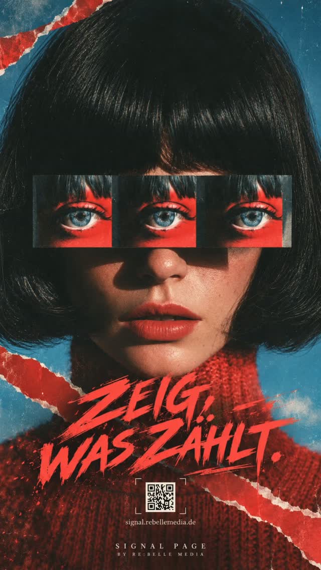 Collage eines Frauenporträts mit schwarzem Bob und roter Typografie: Zeig, was zählt.