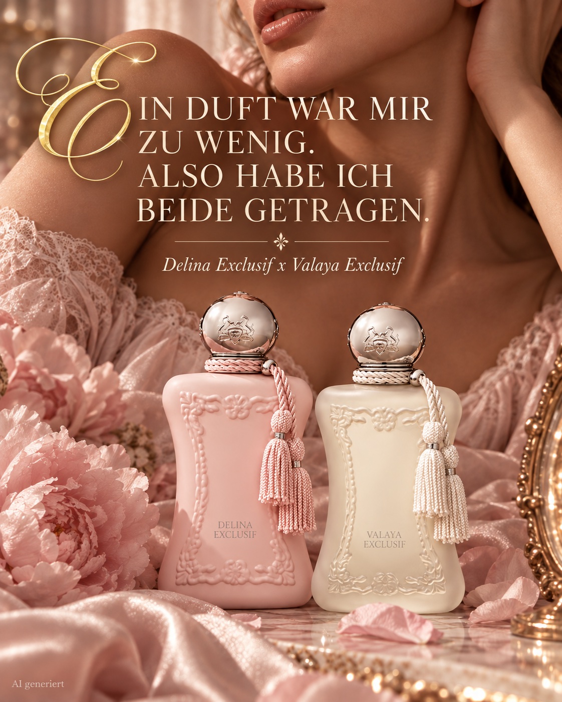 Rosa und cremefarbene Parfumflakons auf Satin mit goldener Editorial-Typografie.
