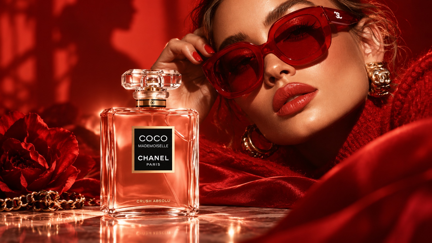 Coco Mademoiselle Crush Absolu mit schwarzem Chanel-Paris-Etikett und goldener Crush-Absolu-Kennzeichnung in einer tiefroten Editorial-Szene.