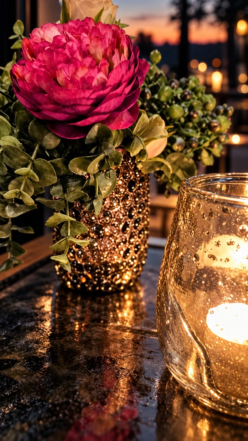 Blumen und Kerzenlicht im Fackelgarten am Abend mit warmem Licht am Wasser.