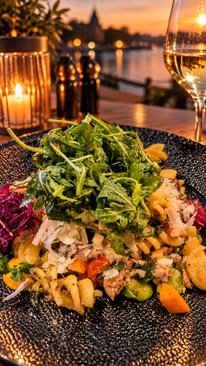 Entenpasta mit Rucola und Parmesan als Hauptgang im Fackelgarten Plau am See.