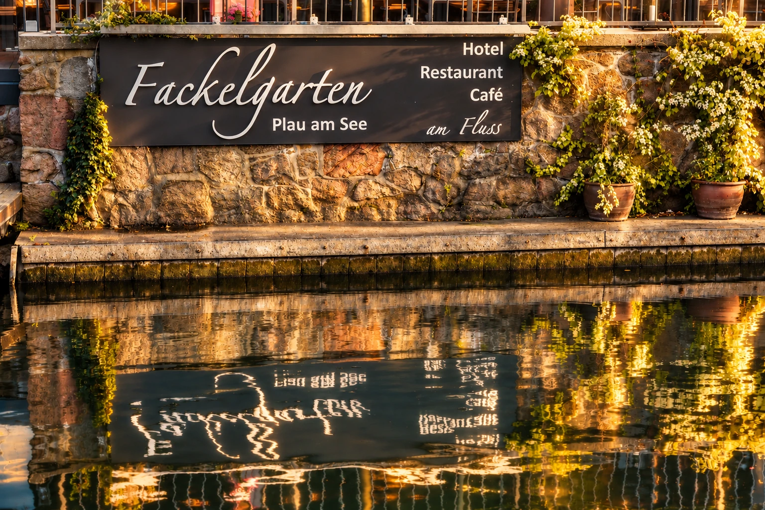 Schild des Fackelgartens mit Spiegelung im Wasser der Elde