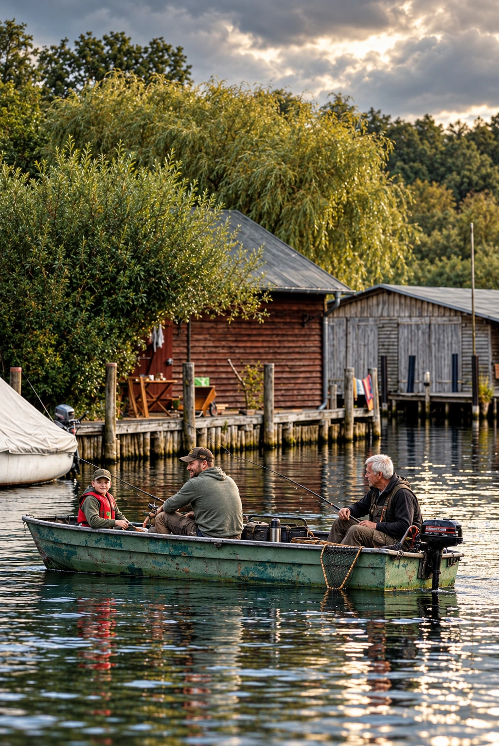Drei Angler in einem Ruderboot auf der Elde vor hölzernen Bootshäusern im Abendlicht
