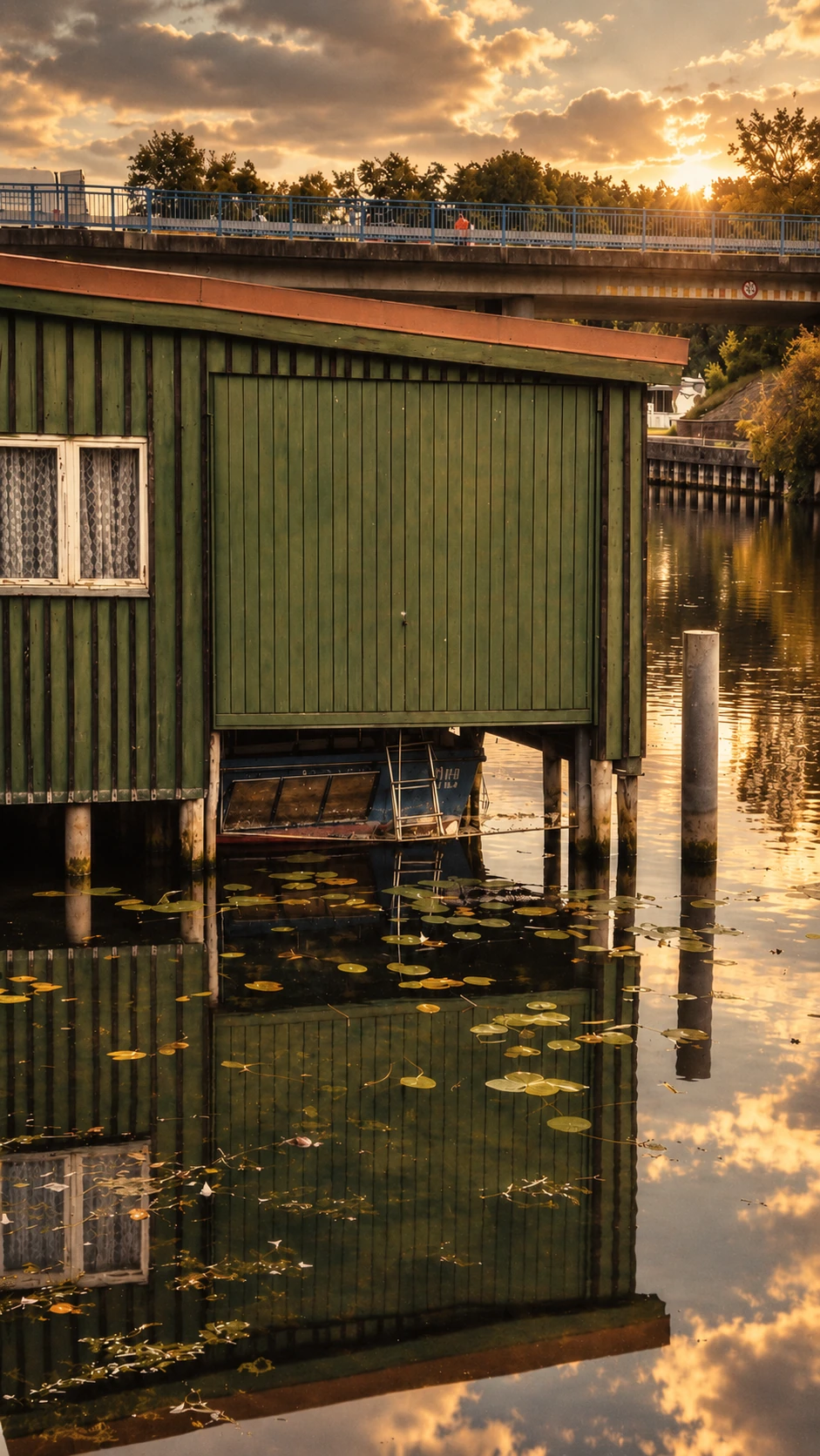 Bootshaus am Wasser bei nostalgischem Sonnenuntergang