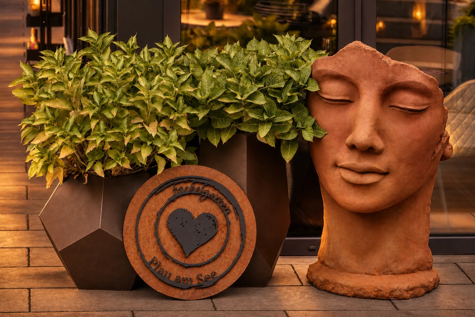 Herzlogo-Skulptur des Fackelgartens im warmen Abendlicht