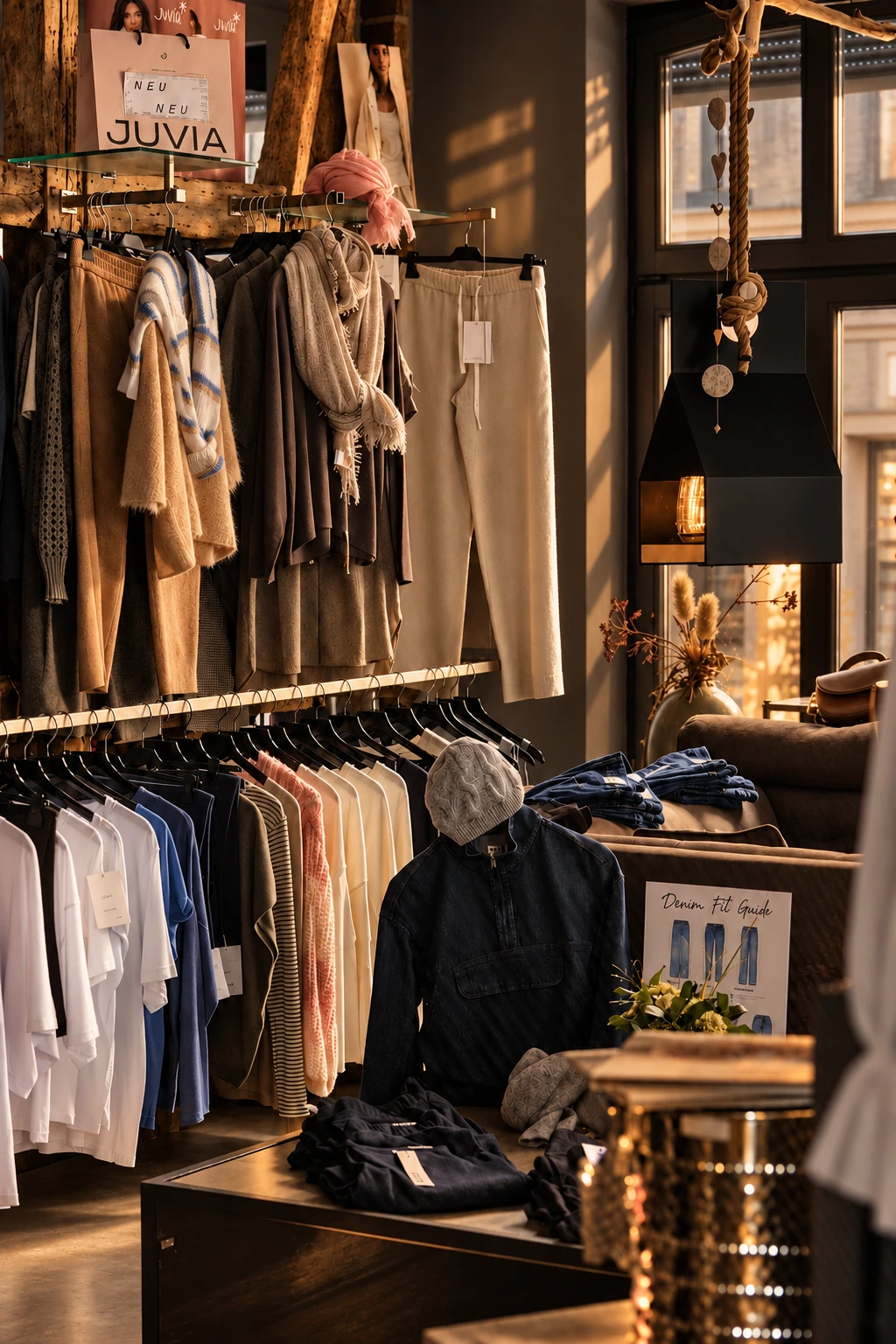 Warmer, hochwertiger Innenraum der Boutique mit Mode