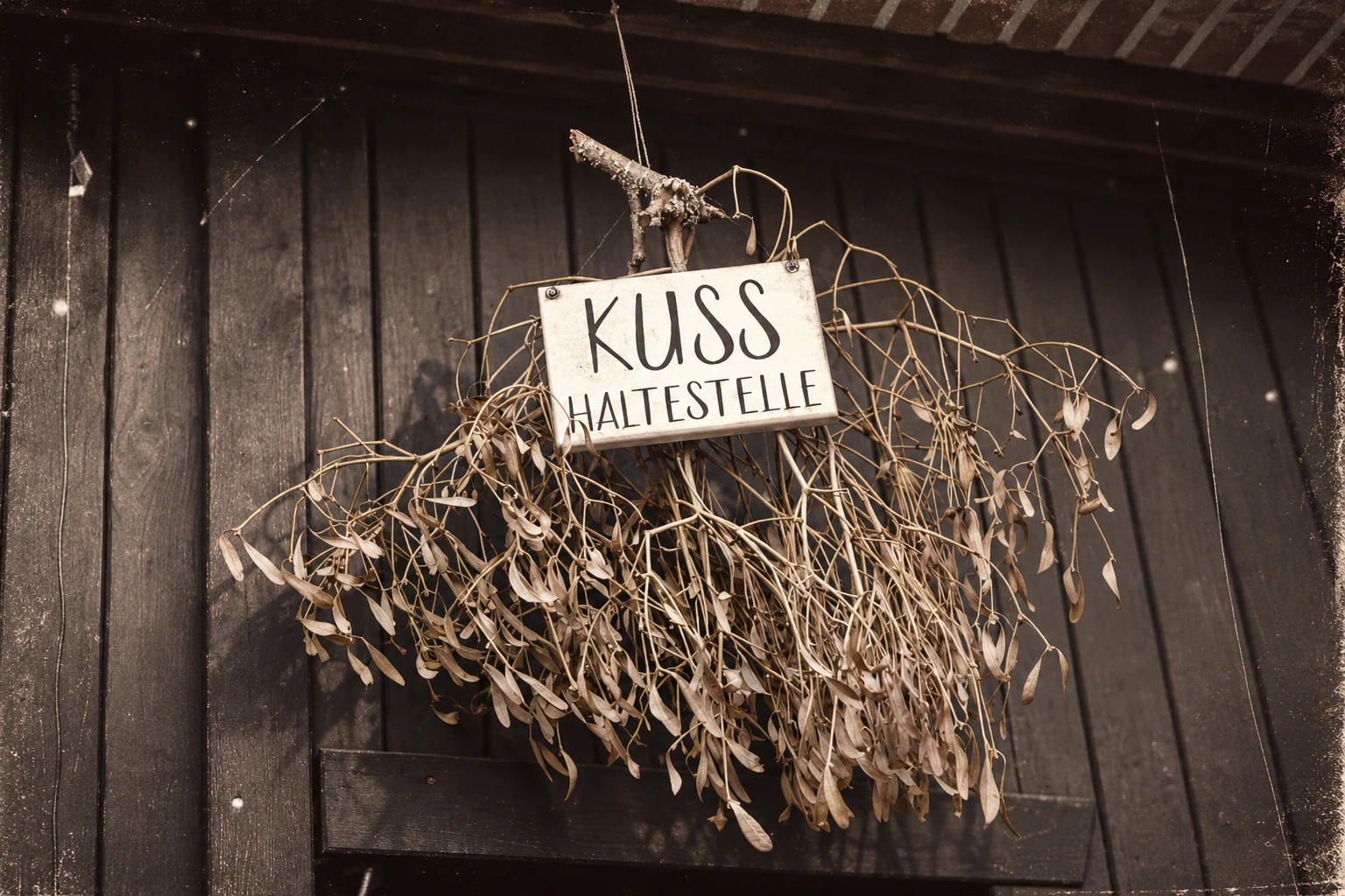 Schild Kuss Haltestelle an einer dunklen Holzwand