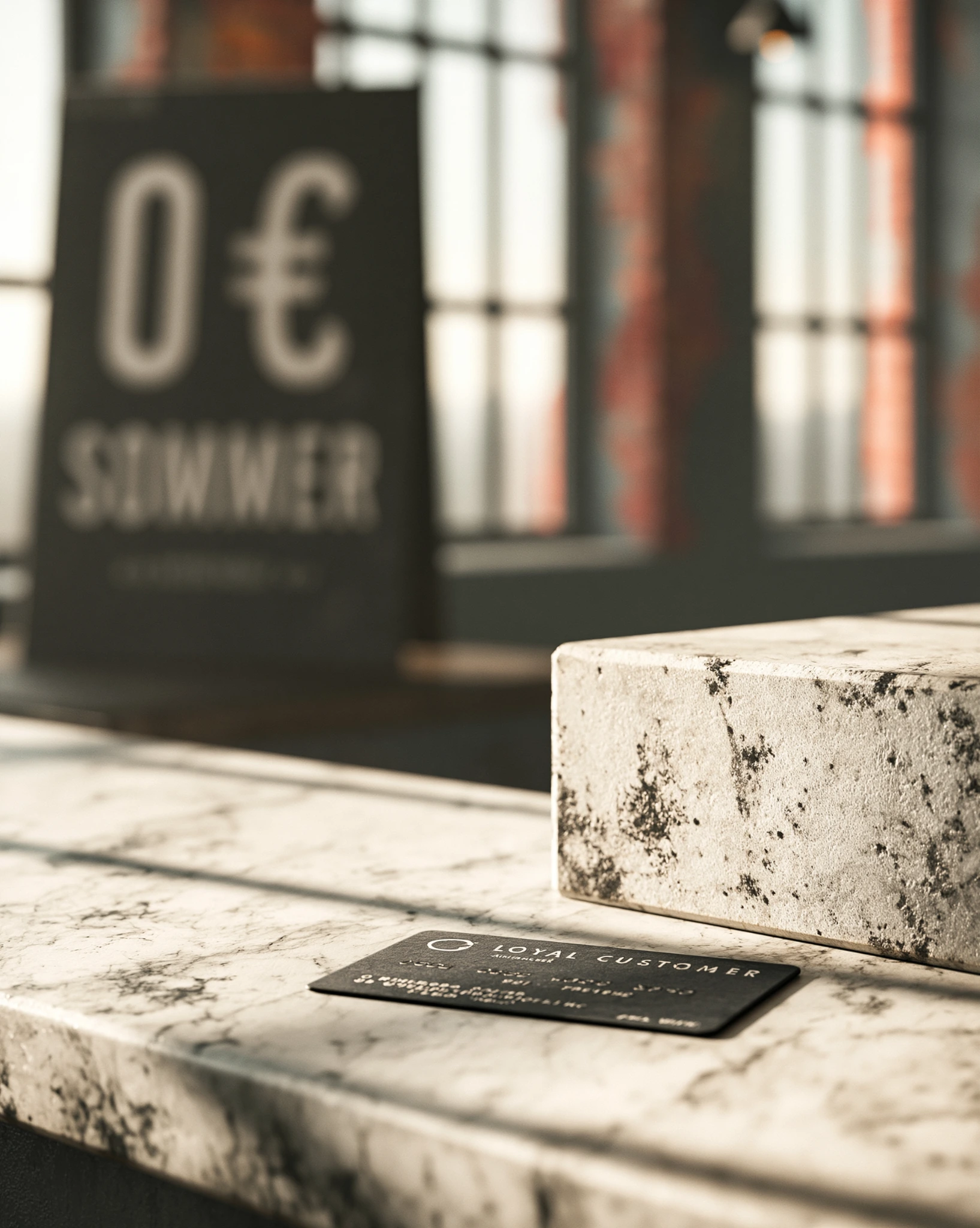 Loyal-Customer-Karte auf einem hellen Marmortresen vor einem unscharfen 0-Euro-Sommerangebot im Fitnessstudio
