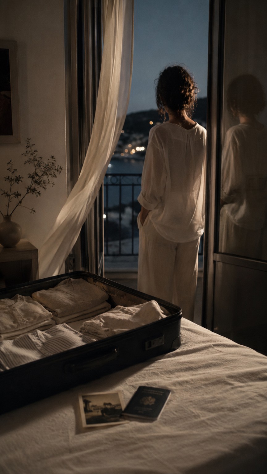 Offener Koffer, Reisepass und alte Fotografie in einem dunklen Zimmer vor der Rückkehr nach Griechenland.