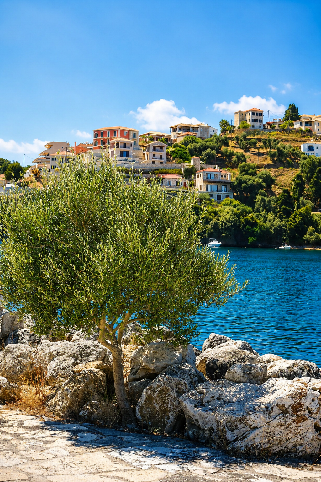Kleines weißes Hafenboot mit griechischer Flagge im blauen Wasser.