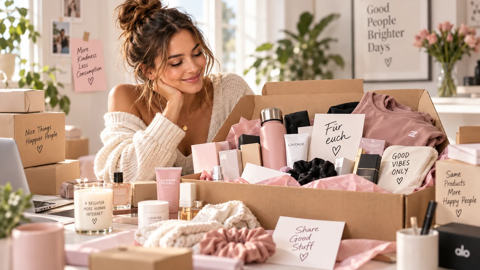 Freundliche Influencerin in einem hellen Wohnraum neben einer großen Geschenkbox mit Beauty-, Fashion- und Lifestyle-Produkten – Visual über Influencer Marketing, PR-Pakete und Markenwert.