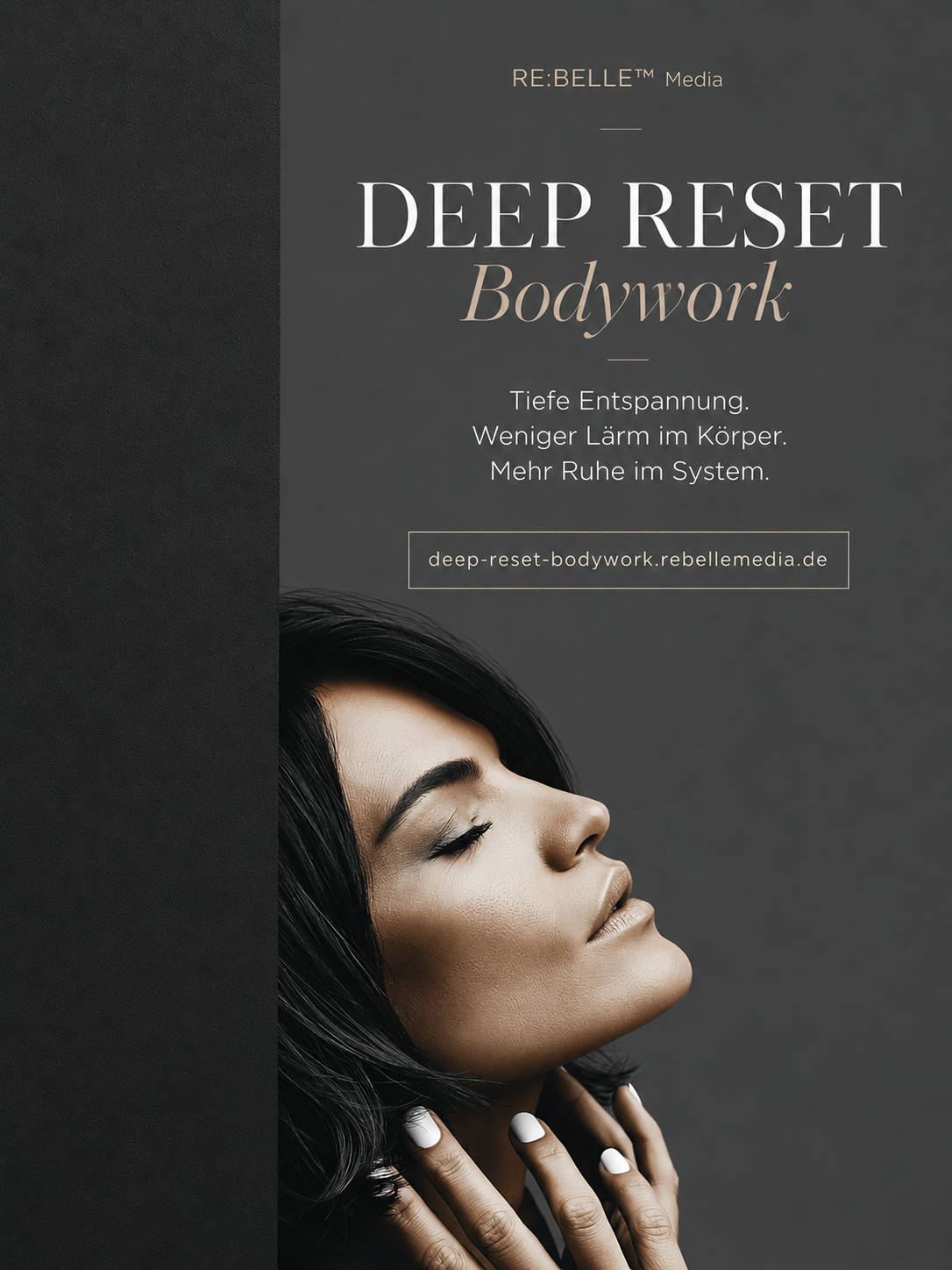 Editorial Werbung für Deep Reset Bodywork von RE:BELLE Media mit ruhigem Frauenporträt und dunkler luxuriöser Ästhetik