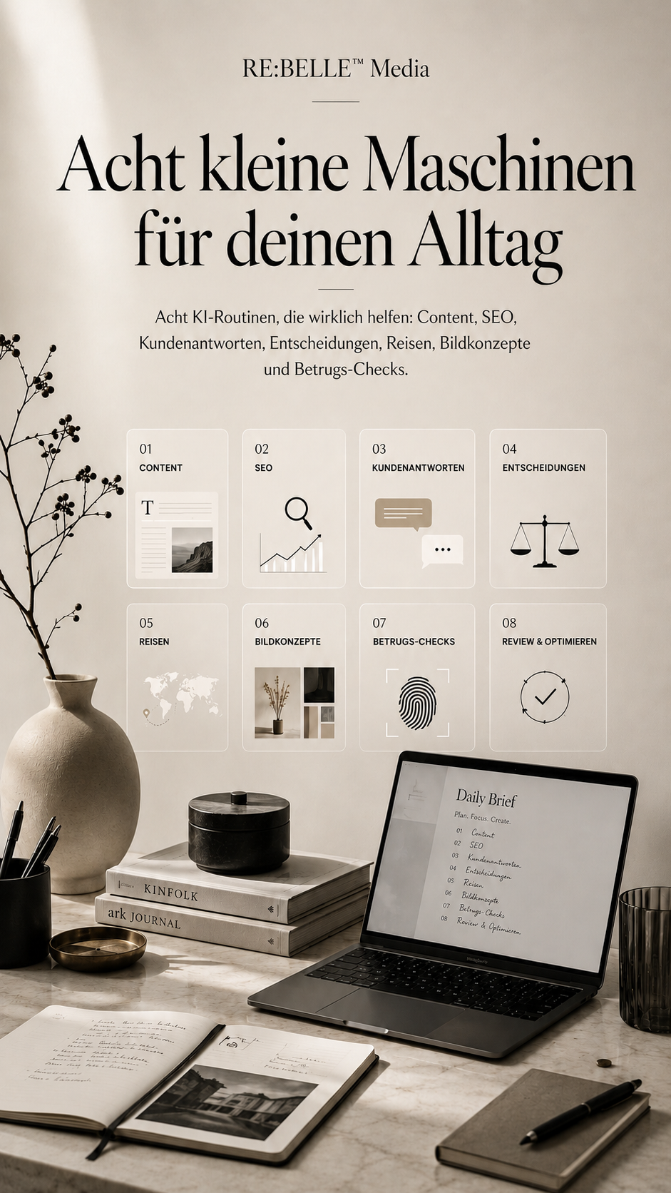 Editoriales RE:BELLE Journalbild mit Schreibtisch, Laptop und acht KI-Routinen für Alltag, Content, SEO, Kundenantworten, Entscheidungen, Reisen, Bildkonzepte und Betrugs-Checks