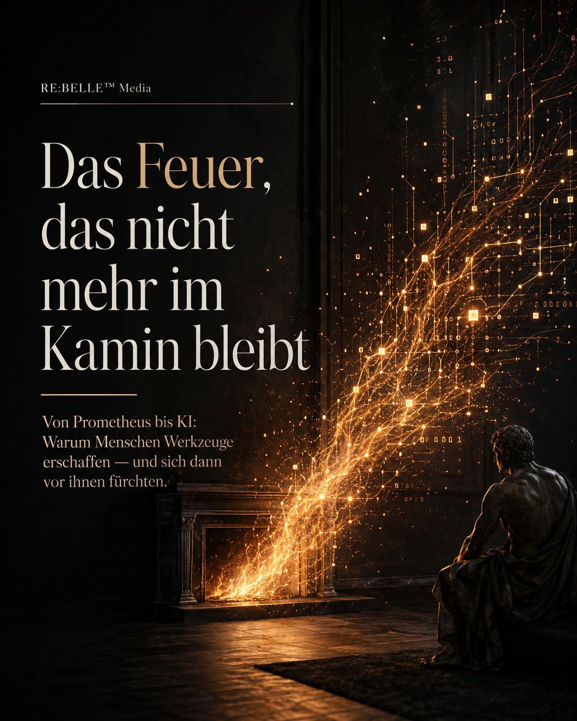 Editoriales RE:BELLE Journalbild mit digitalem Feuer aus einem Kamin, antiker Figur und KI-Netzwerk als Symbol für Prometheus, Technologie und Kontrollverlust