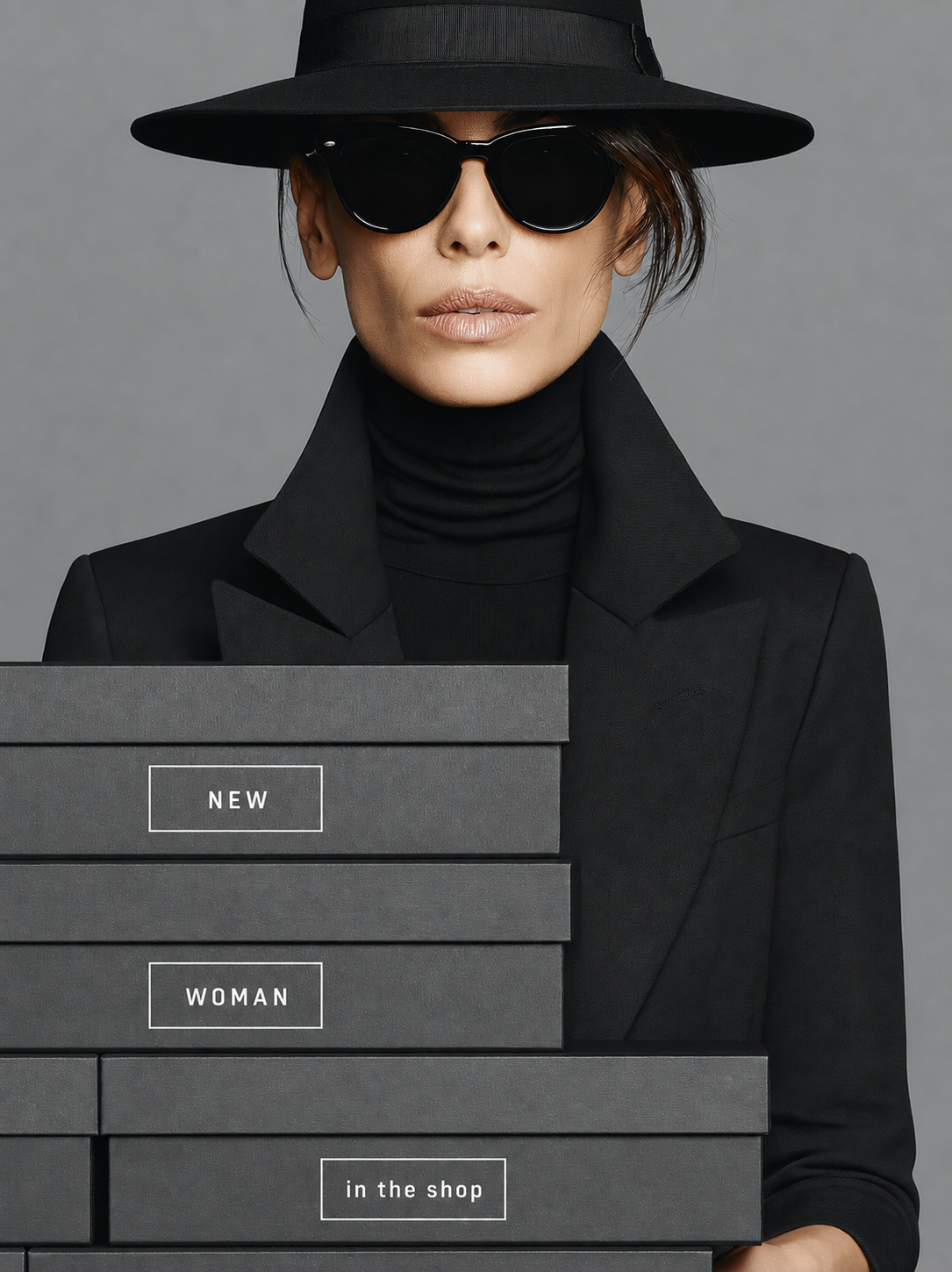 Editorial Werbung für newwomanintheshop.com mit Frau in Schwarz, Hut, Sonnenbrille und Boxen mit den Worten NEW, WOMAN, in the shop