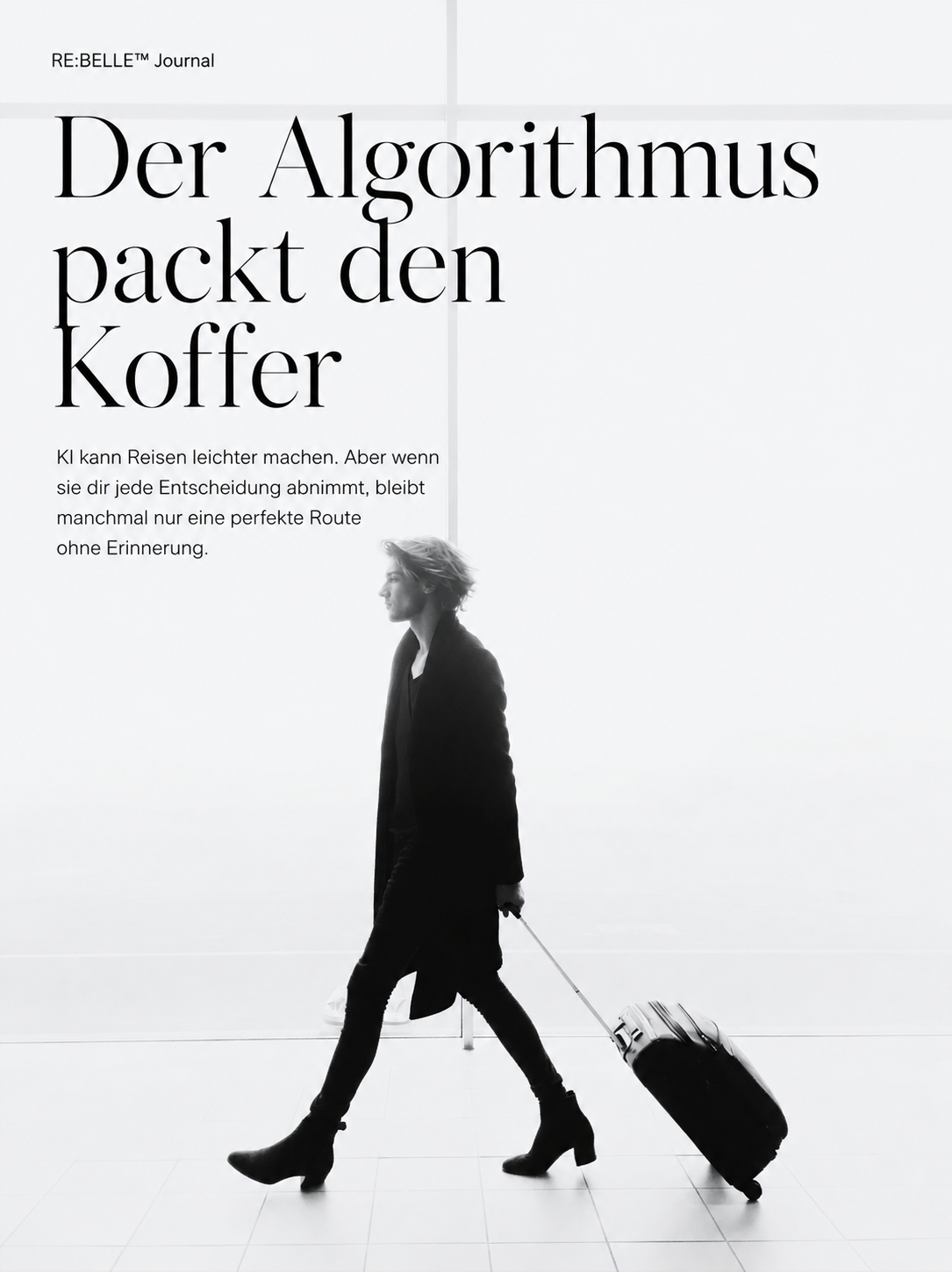 Editoriales RE:BELLE Journalbild einer Person mit Koffer in heller Flughafenatmosphäre zum Thema KI und Reisen