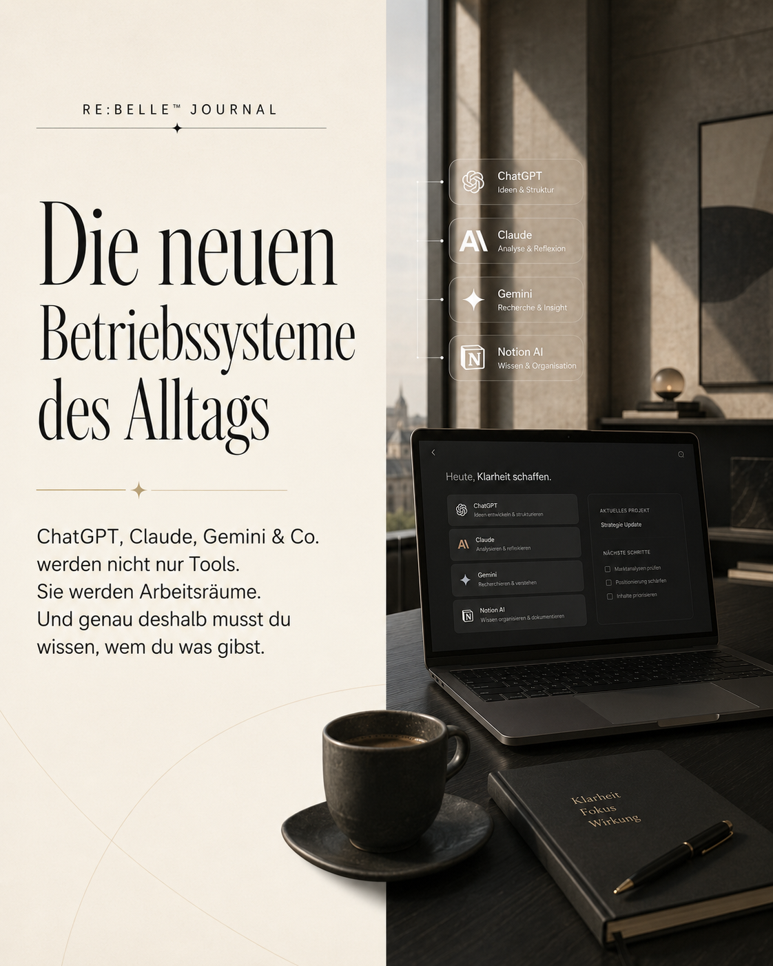 Editoriales RE:BELLE Journalbild zu KI-Arbeitsräumen, ChatGPT, Claude und Gemini als neue Betriebssysteme des Alltags