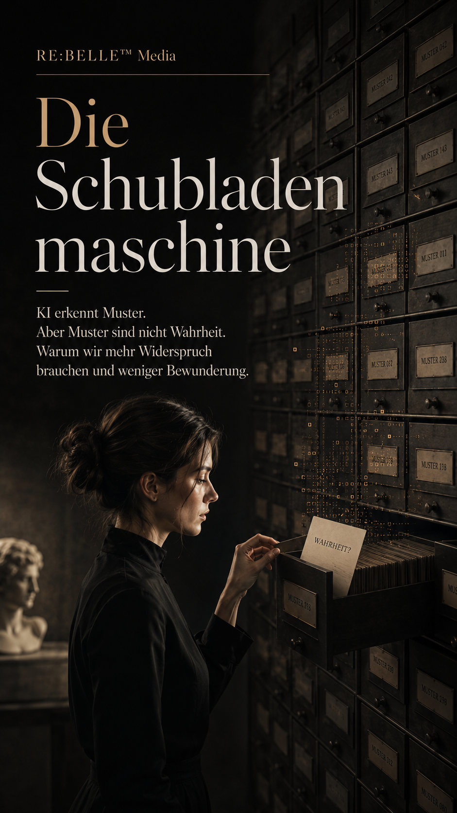 Editoriales RE:BELLE Journalbild mit Frau vor vielen Schubladen und digitalem Musterarchiv als Symbol für KI, Kategorien, Muster und Wahrheit