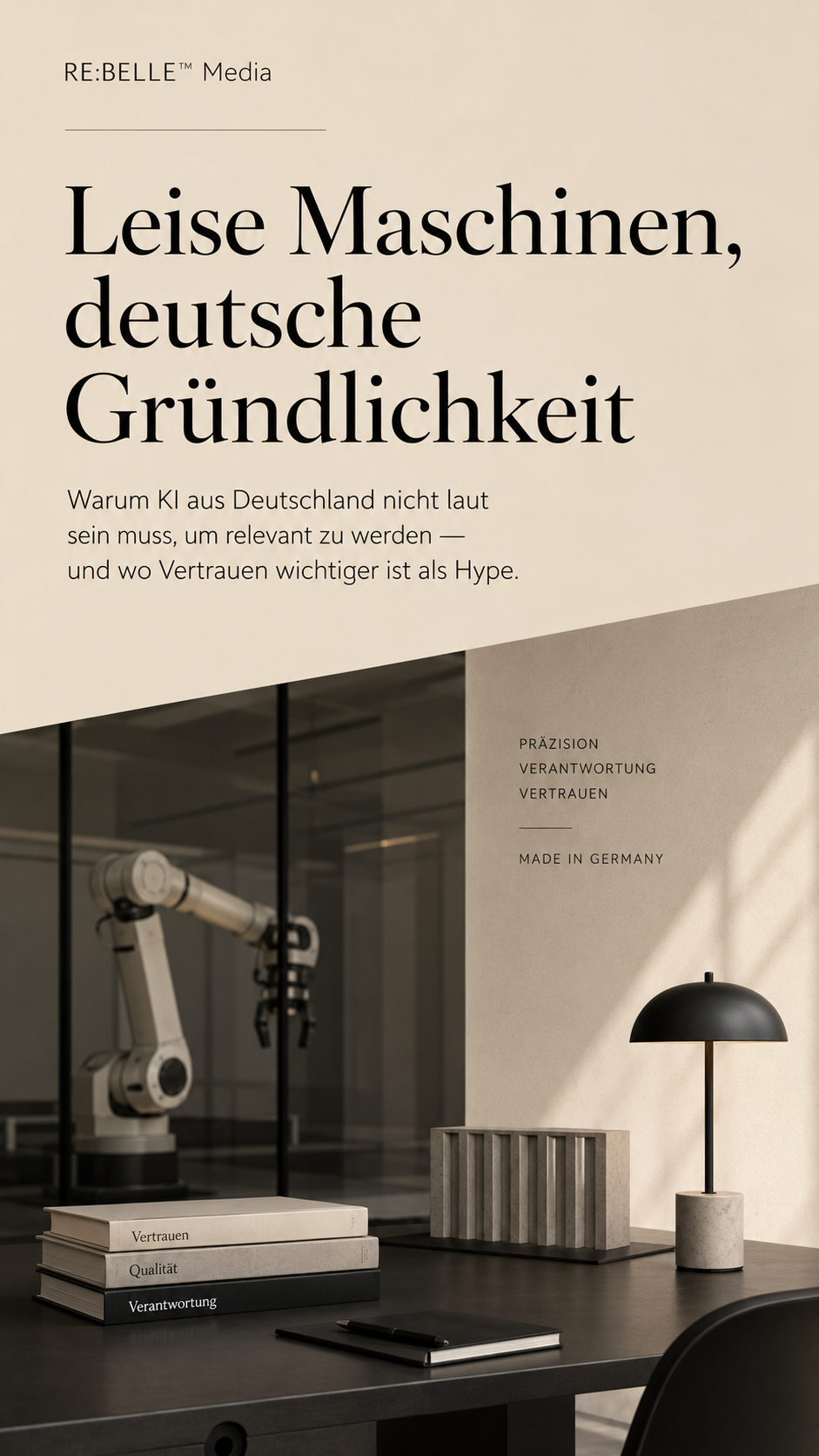 Editoriales RE:BELLE Journalbild zu KI aus Deutschland mit Roboterarm, Büchern, Schreibtisch und ruhiger deutscher Präzisionsästhetik