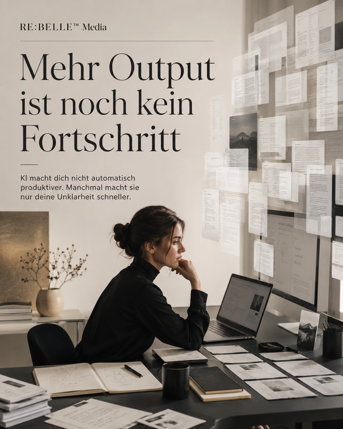 Editoriales RE:BELLE Journalbild mit Frau am Schreibtisch, vielen digitalen Fenstern und Notizen als Symbol für zu viel KI-Output ohne Klarheit