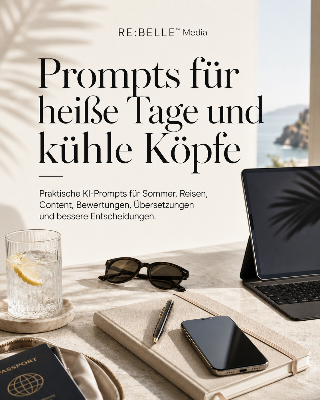 Editoriales RE:BELLE Journalbild mit Sommer-Schreibtisch, Pass, Tablet, Sonnenbrille, Wasser und KI-Prompts für Reisen, Content und Entscheidungen