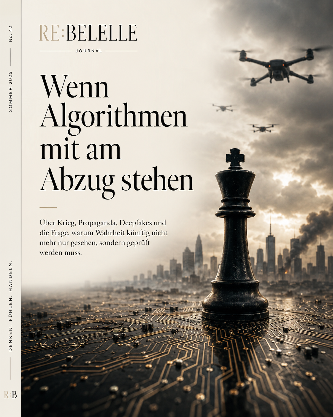 Editoriales RE:BELLE Journalbild mit Schachfigur, Drohnen und dunkler Stadt als Symbol für KI, Krieg und Propaganda