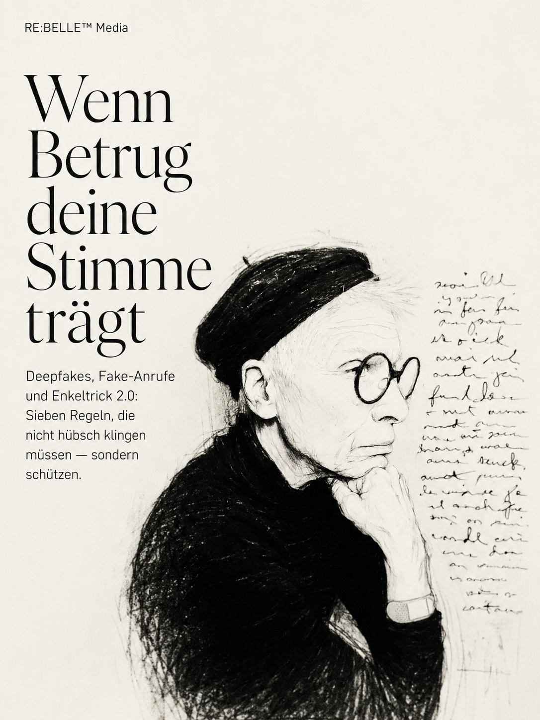 Editoriales RE:BELLE Journalbild einer älteren Person als Zeichnung mit handschriftlichen Notizen zum Thema Deepfake, Fake-Anruf und KI-Betrug