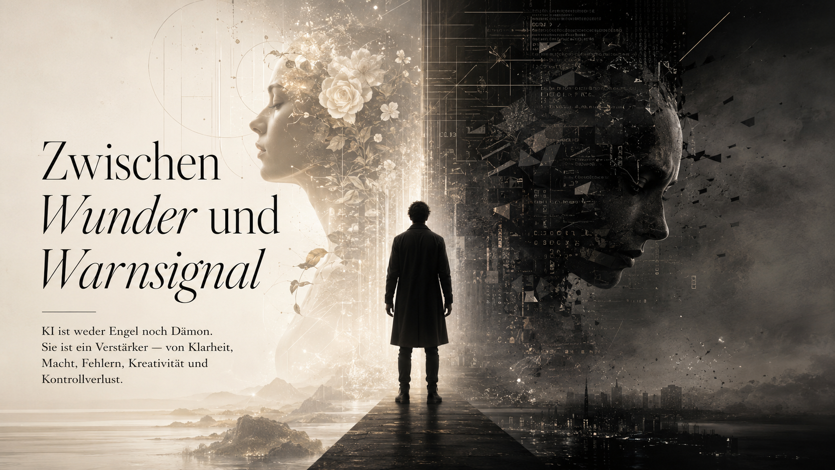 Editoriales Titelbild: Ein Mensch steht zwischen einer hellen, kreativen KI-Vision und einer dunklen, fragmentierten Warnseite.